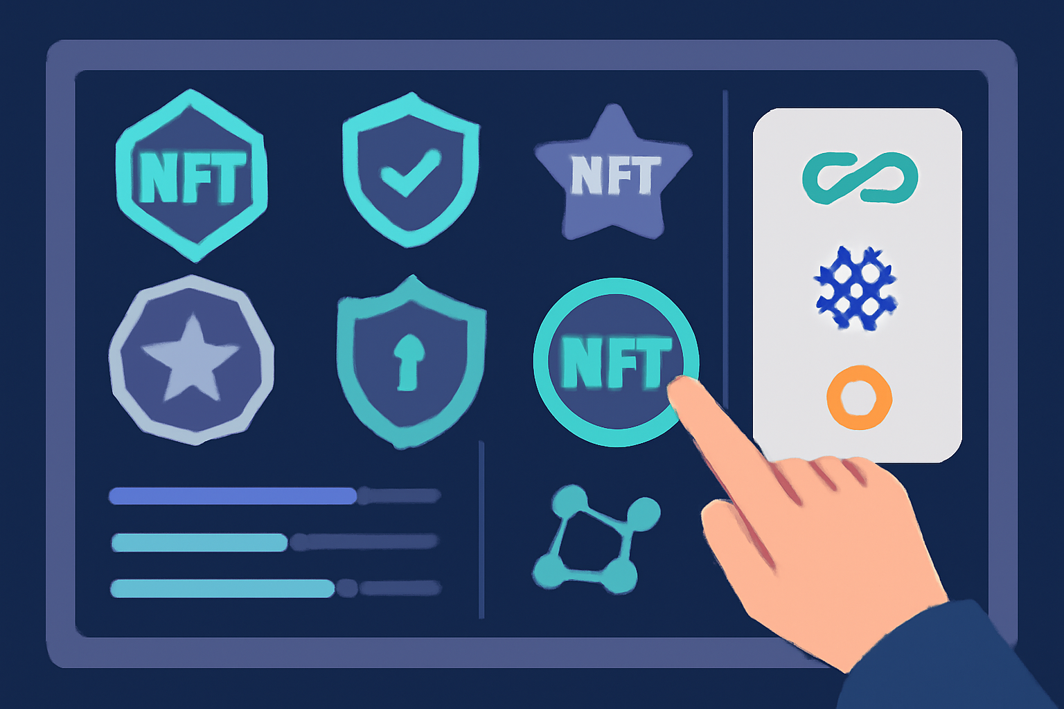 A futuristic dashboard with various NFT badge designs, security shields, and integration icons, highlighting a user selecting a platform.