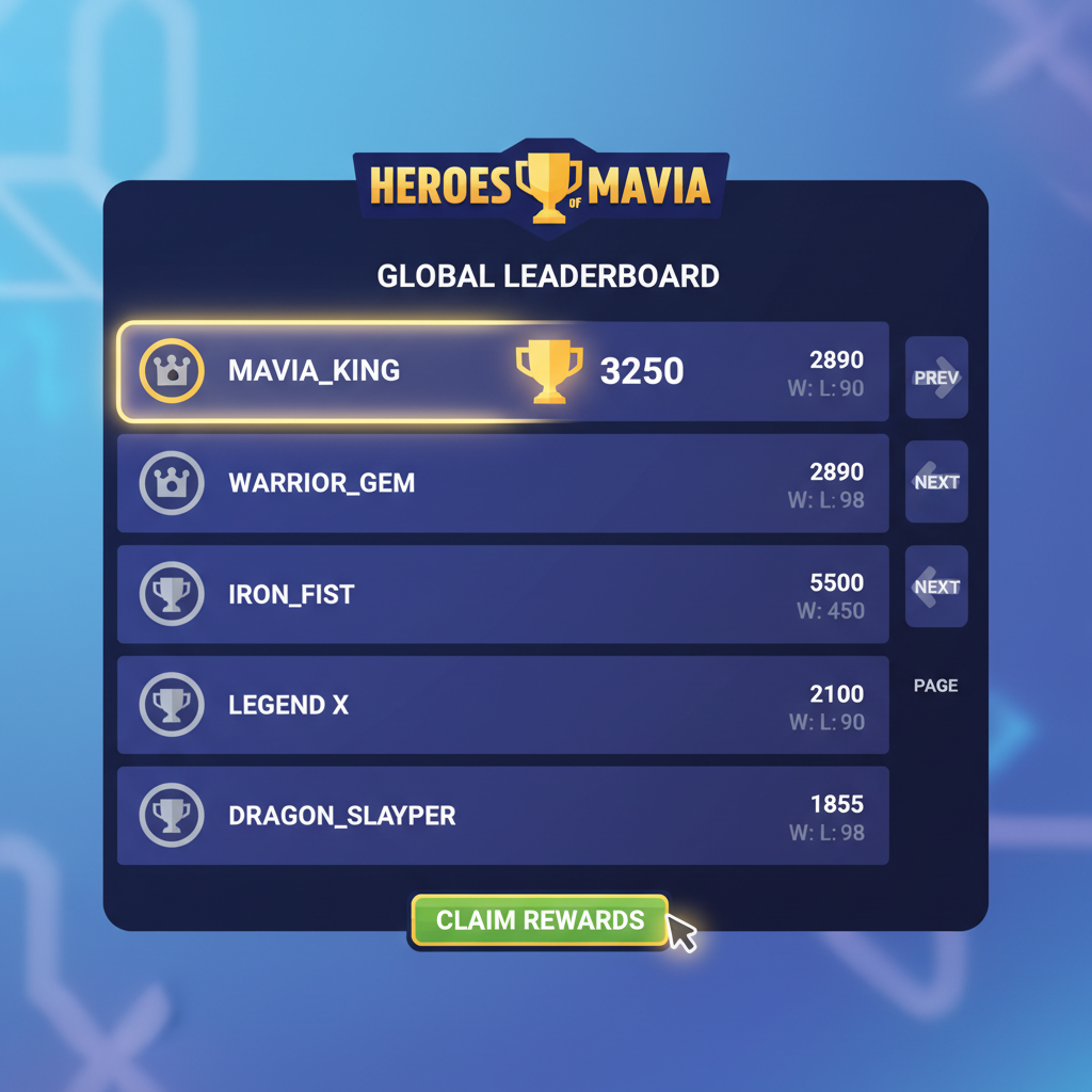 Heroes of Mavia trophy leaderboard screen with player stats glowing