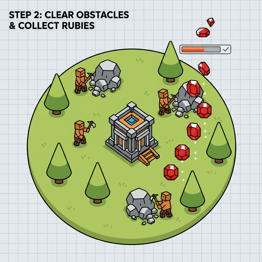 Heroes of Mavia base with workers clearing rocks trees, ruby icons emerging