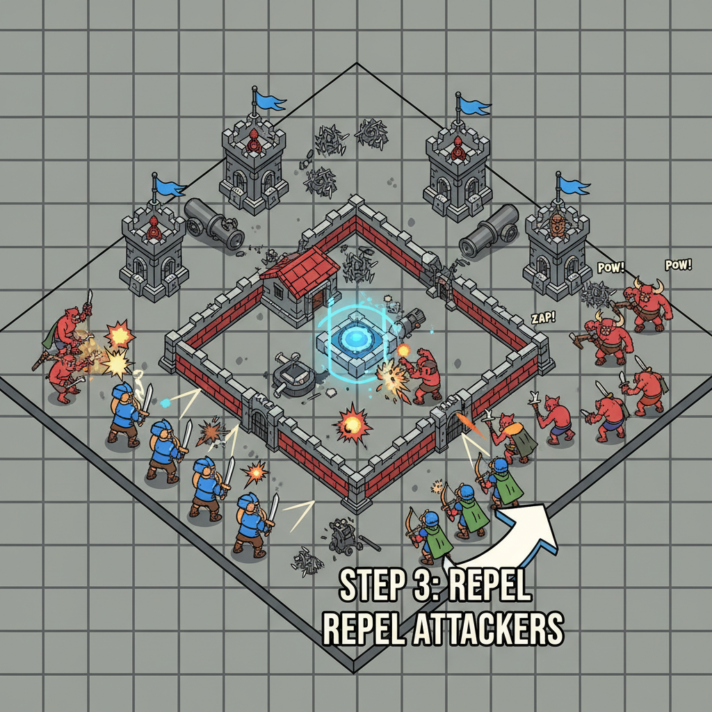 Intense mid-tier base defense in Heroes of Mavia, troops repelling attackers