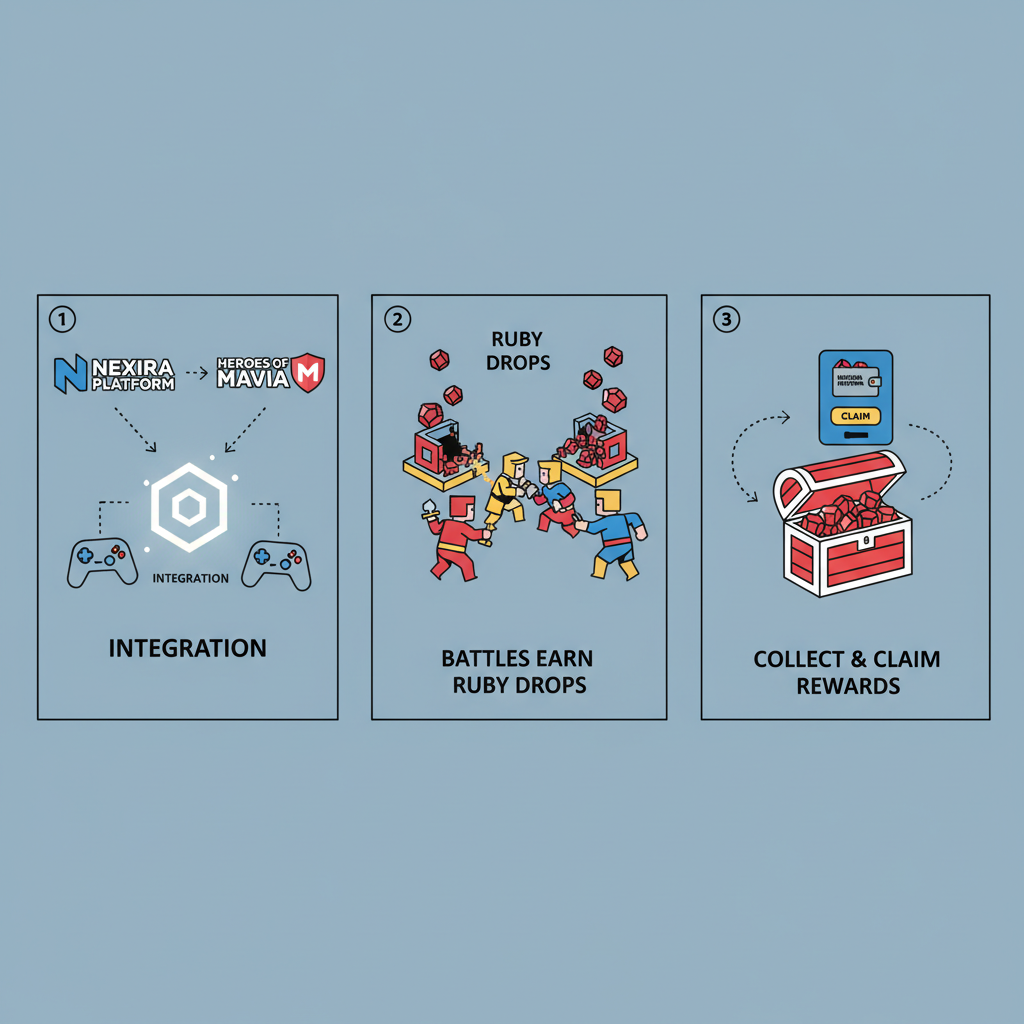 Nexira platform Heroes of Mavia integration, reward boxes ruby drops battles