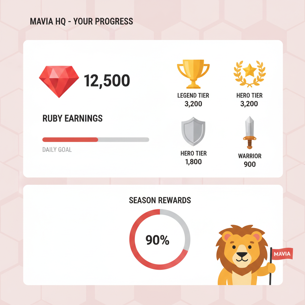 dashboard tracking ruby earnings and trophies in Heroes of Mavia