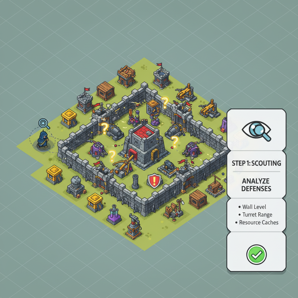 scouting enemy base with strong defenses in mobile strategy game