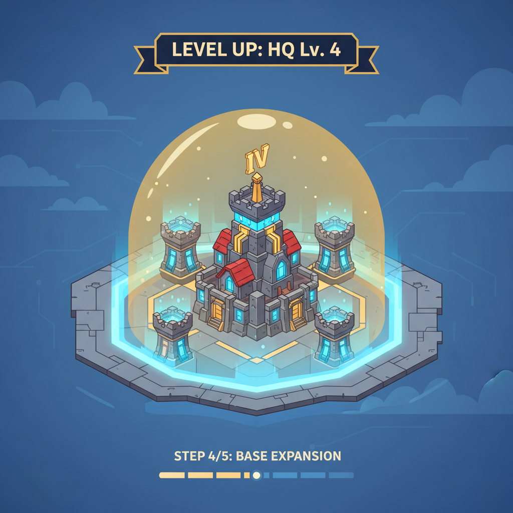 Heroes of Mavia HQ upgrading to level 4, glowing base expansion, strategy game art