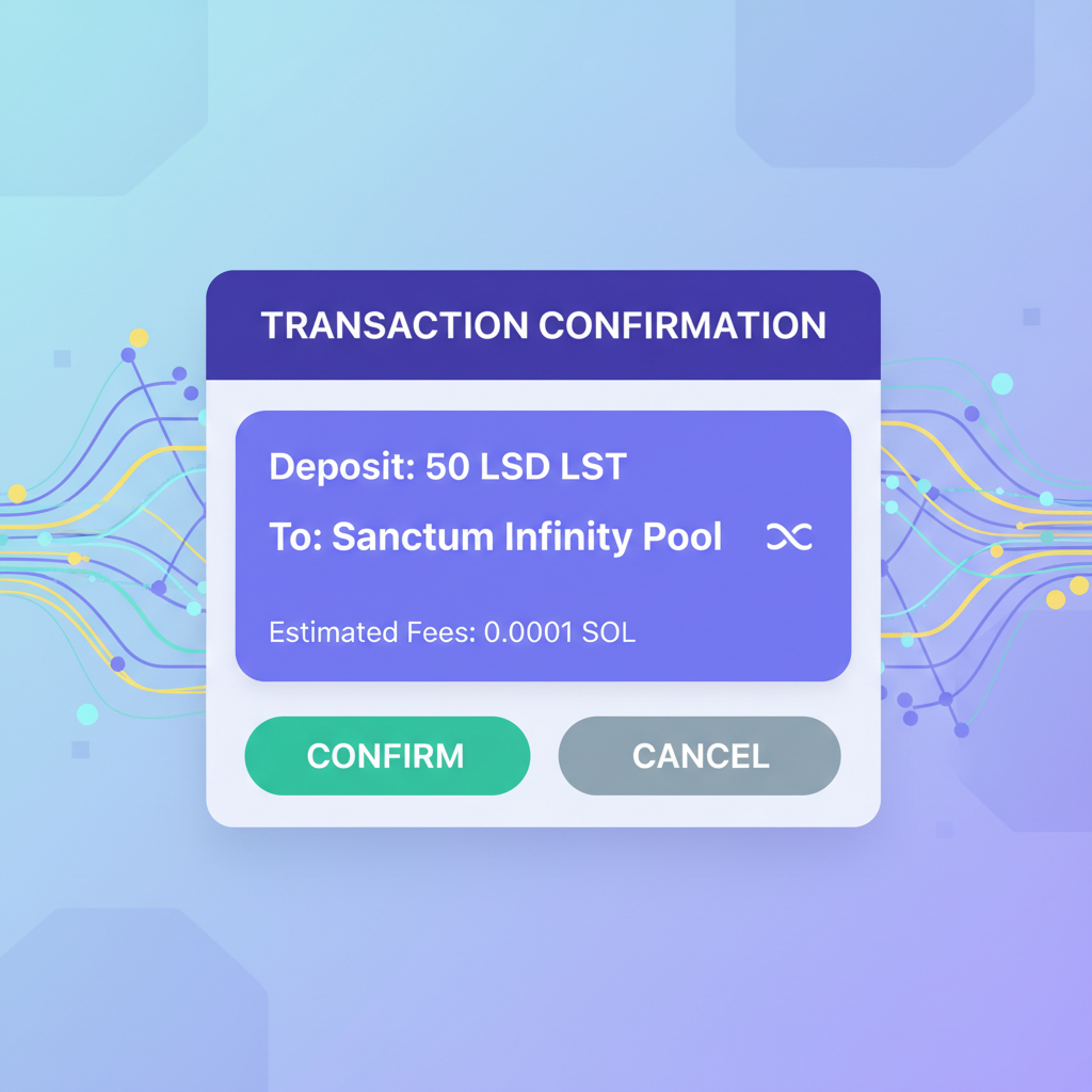 Depositing LSD LST tokens into Sanctum Infinity pool, transaction confirmation screen, Solana blockchain animation