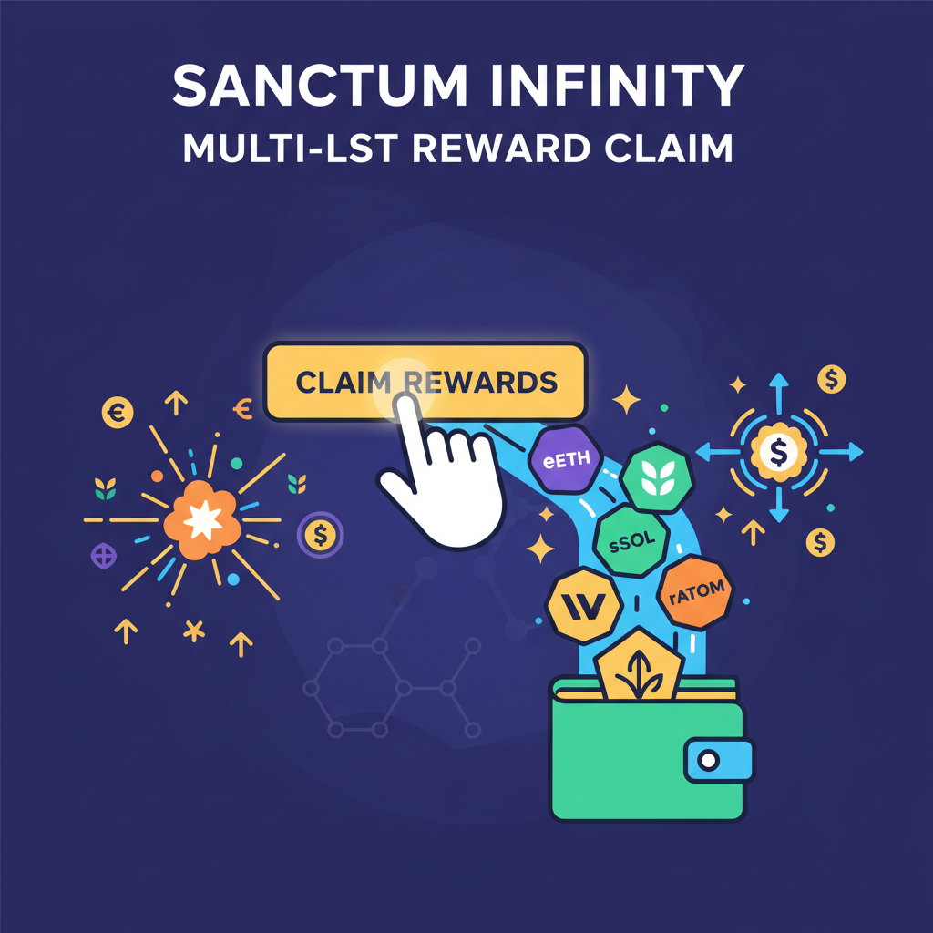 Claiming rewards from Sanctum Infinity, multi-LST tokens flowing, yield icons exploding, energetic DeFi graphic