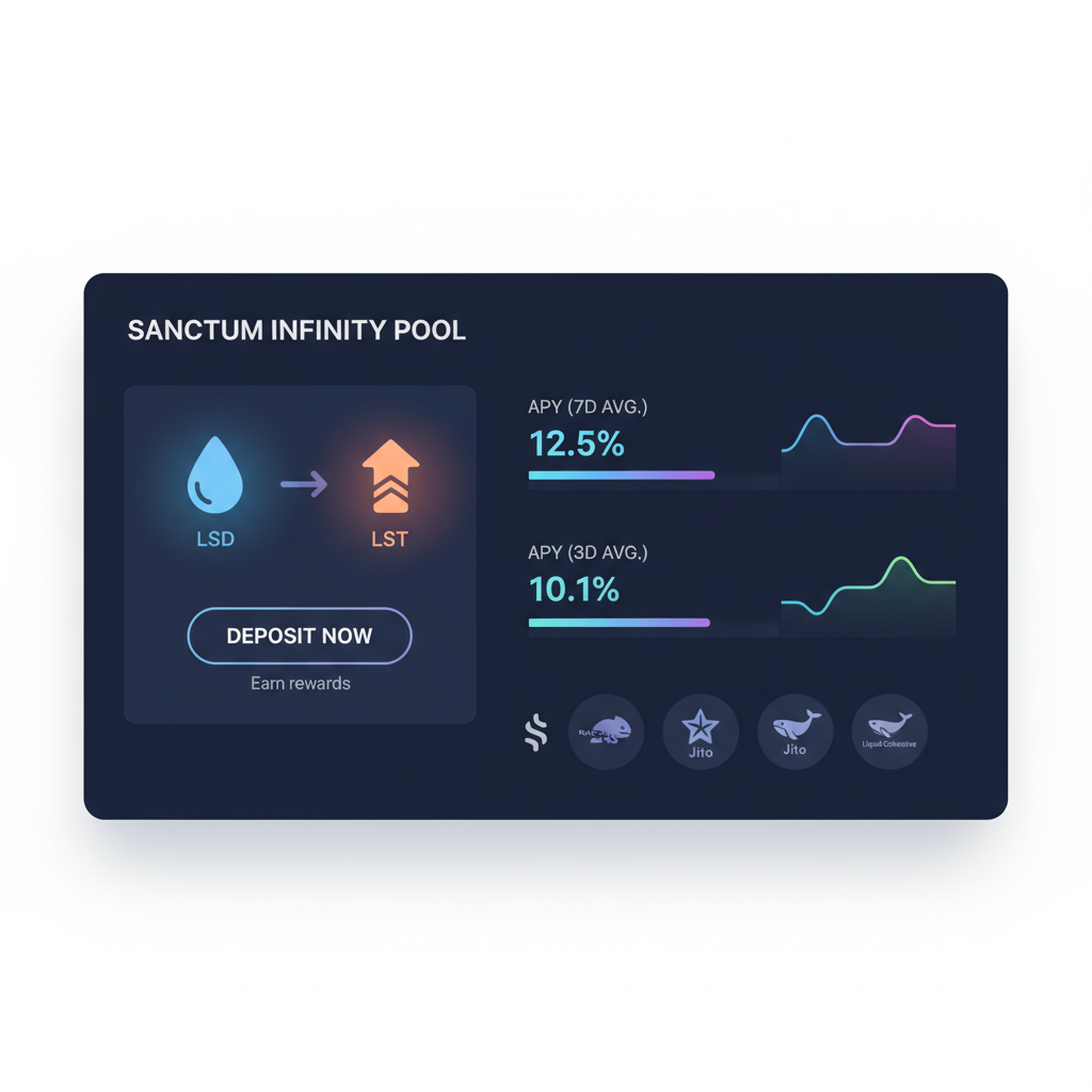 Sanctum Infinity pool dashboard highlighting LSD LST deposit option, glowing APY charts, Solana ecosystem icons