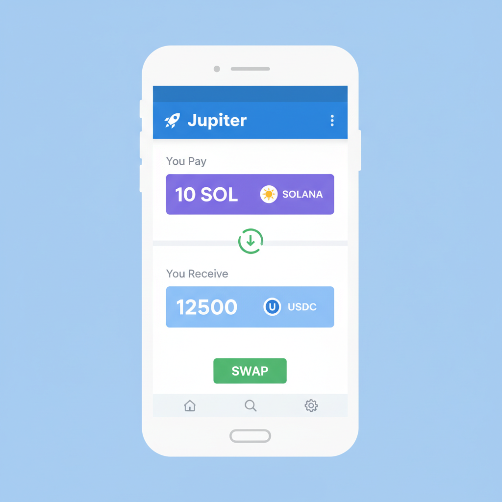 Saga phone browser open to Jupiter Exchange swap page, mobile view