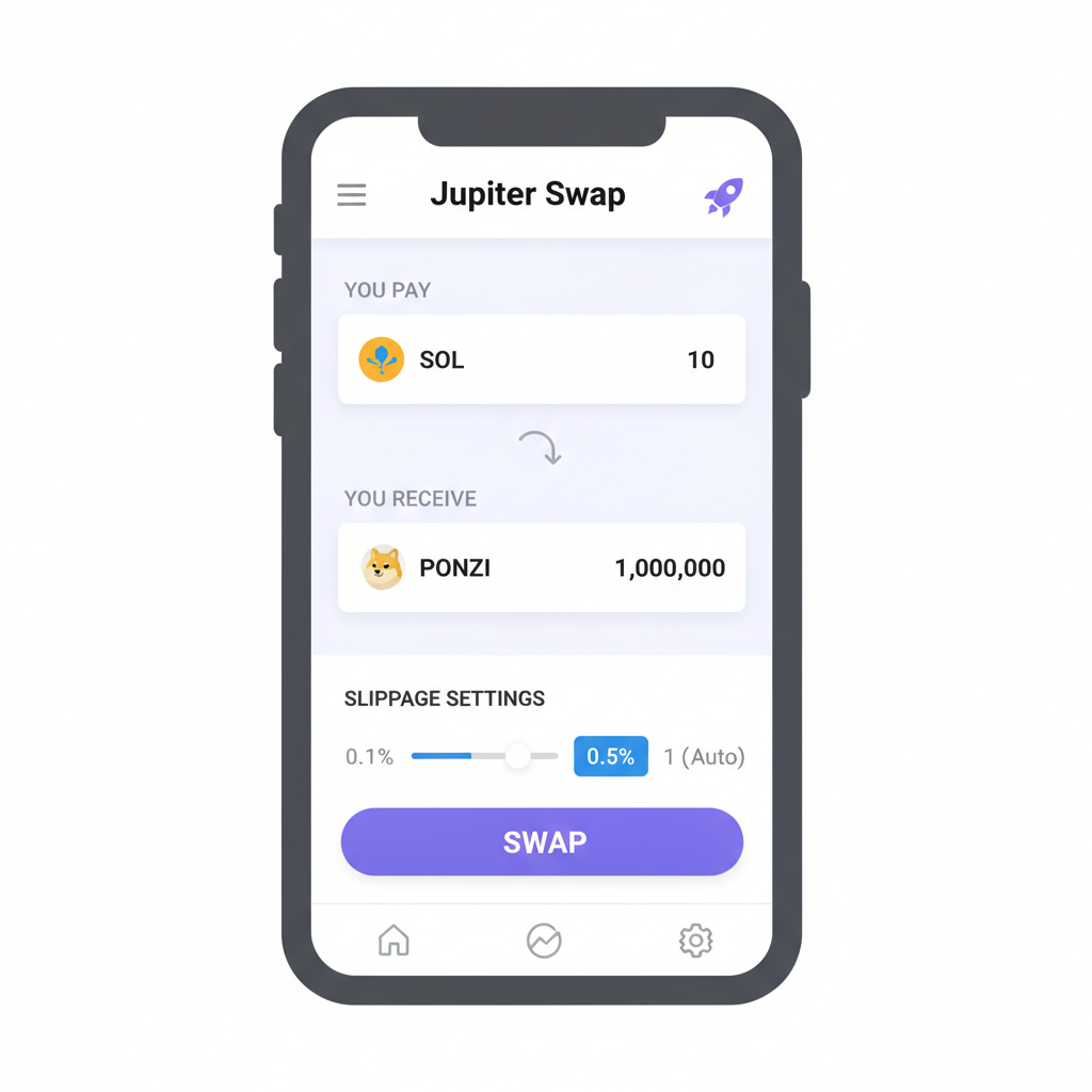 Jupiter swap screen SOL to meme coin, input output fields, slippage settings mobile