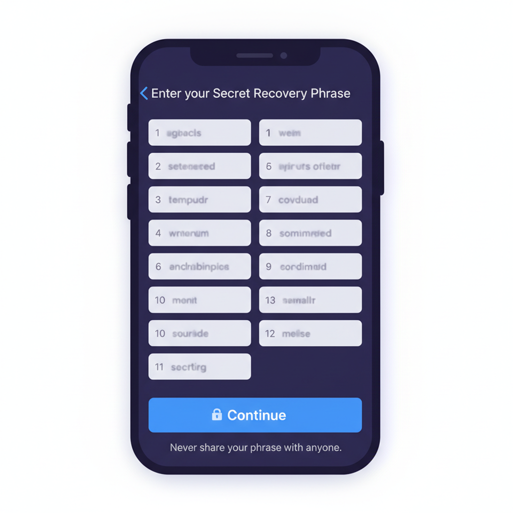 Secure seed phrase entry screen in Phantom wallet app on mobile device, words blurred