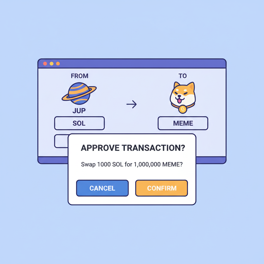 Confirm swap screen on Jupiter with SOL to meme coin, approval popup