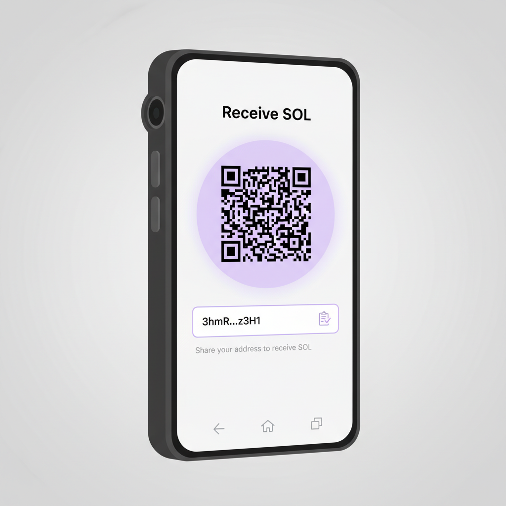 Phantom wallet receive SOL screen with QR code and address on Saga phone