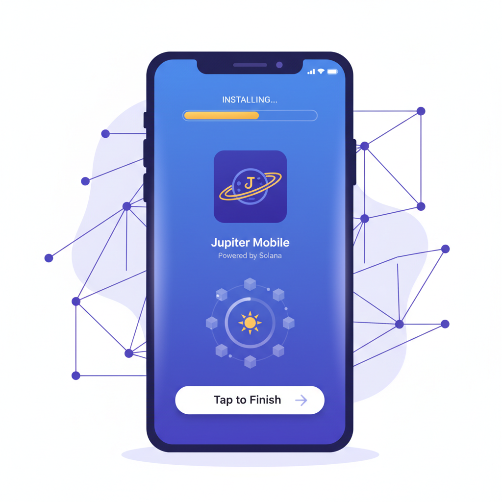 Saga phone screen installing Jupiter Mobile app, Solana blockchain theme, futuristic mobile interface