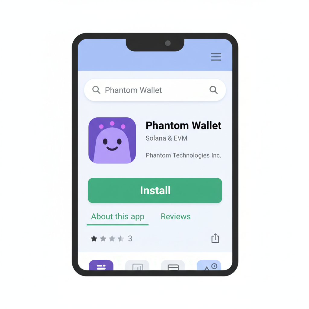 Solana Saga phone screen displaying Google Play Store with Phantom Wallet app install page