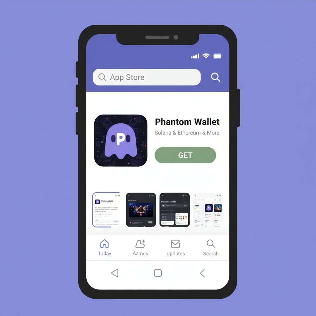 Saga phone screen showing Phantom Wallet app download in app store, clean mobile UI