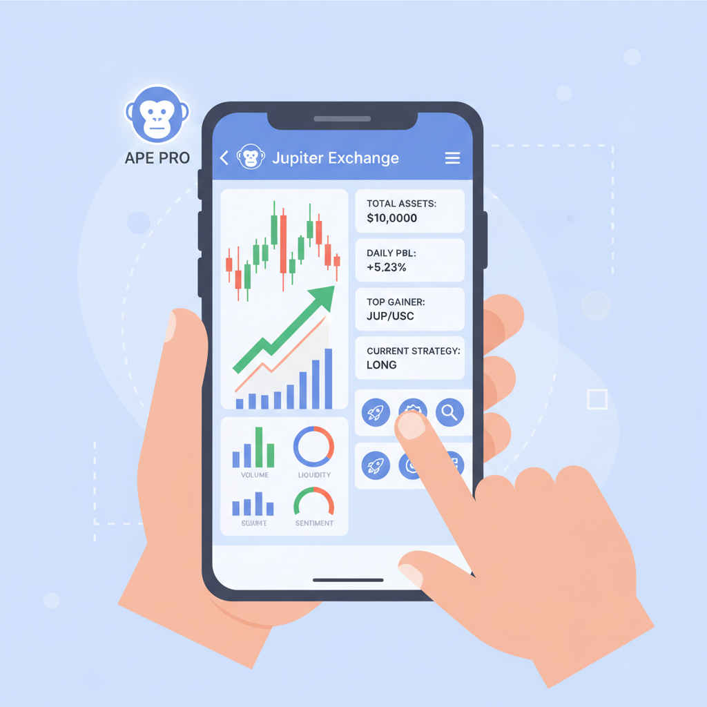 Jupiter Exchange app on phone with Ape Pro activated, charts and analytics dashboard