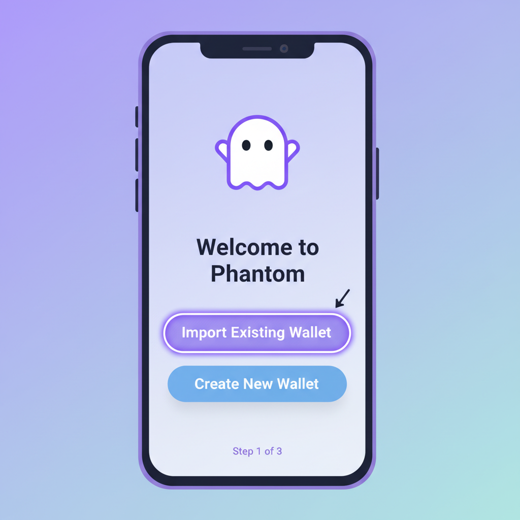 Phantom mobile app welcome screen on Saga phone highlighting Import wallet option
