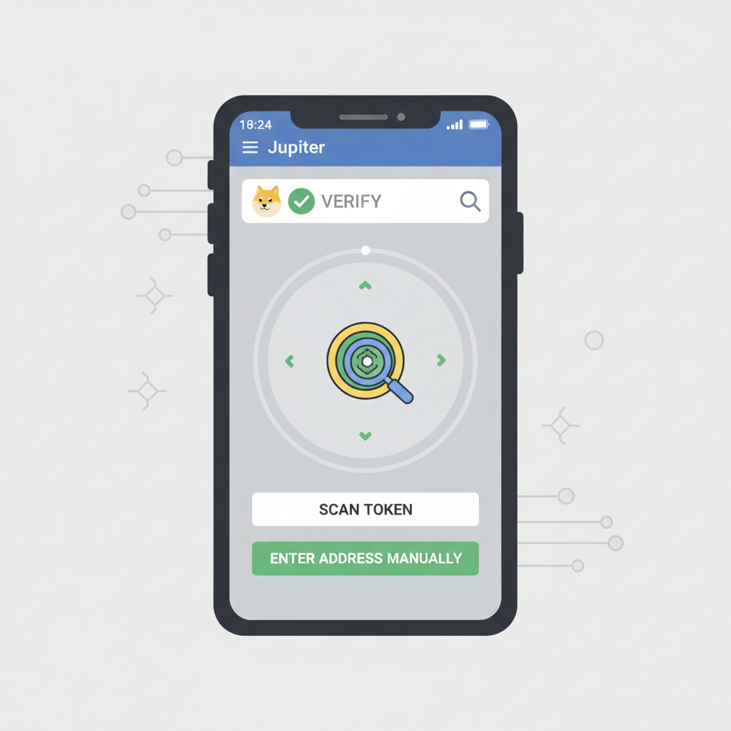 Jupiter search bar with meme coin verify checkmark, token scanner interface on mobile