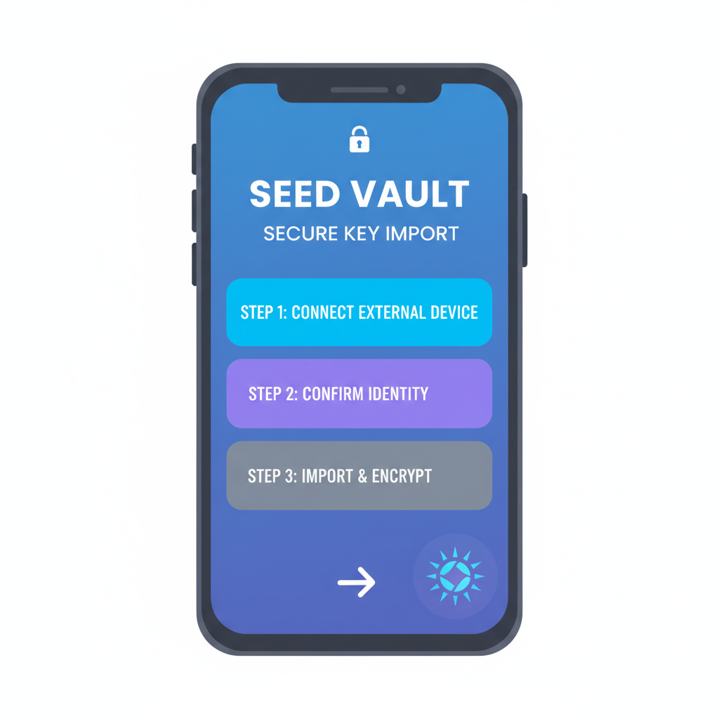 Saga phone Seed Vault wallet setup screen, secure key import, Solana logo glowing