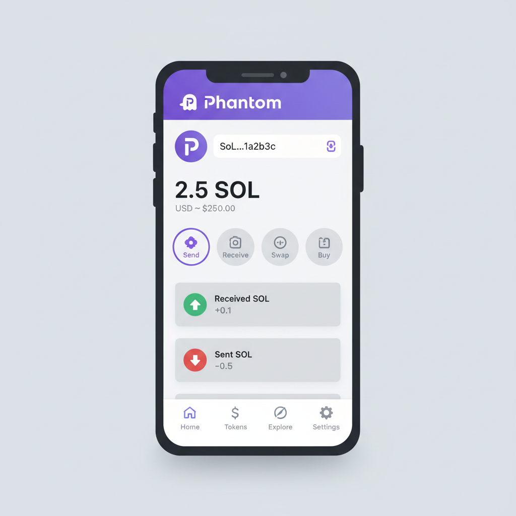 Phantom wallet home screen on mobile showing address and balance overview