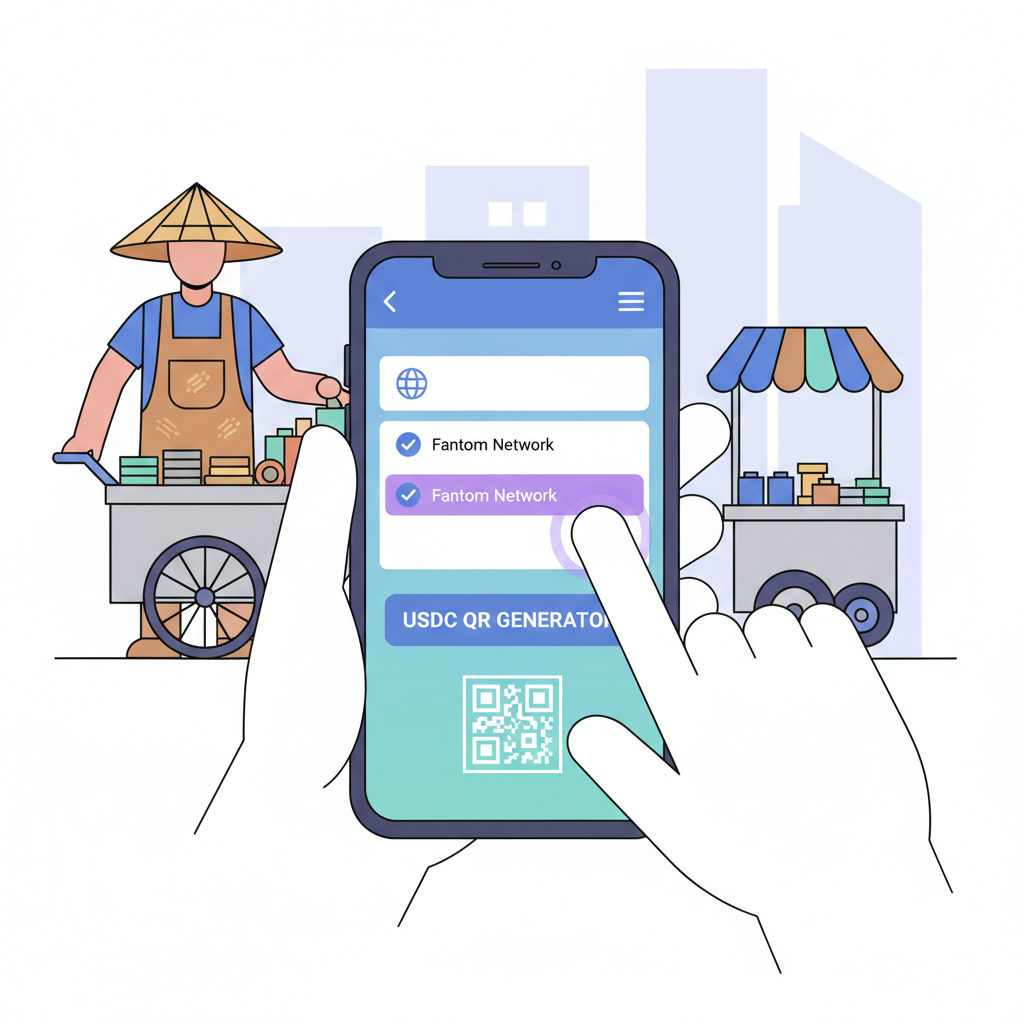 street vendor phone screen selecting Fantom network for USDC QR generator