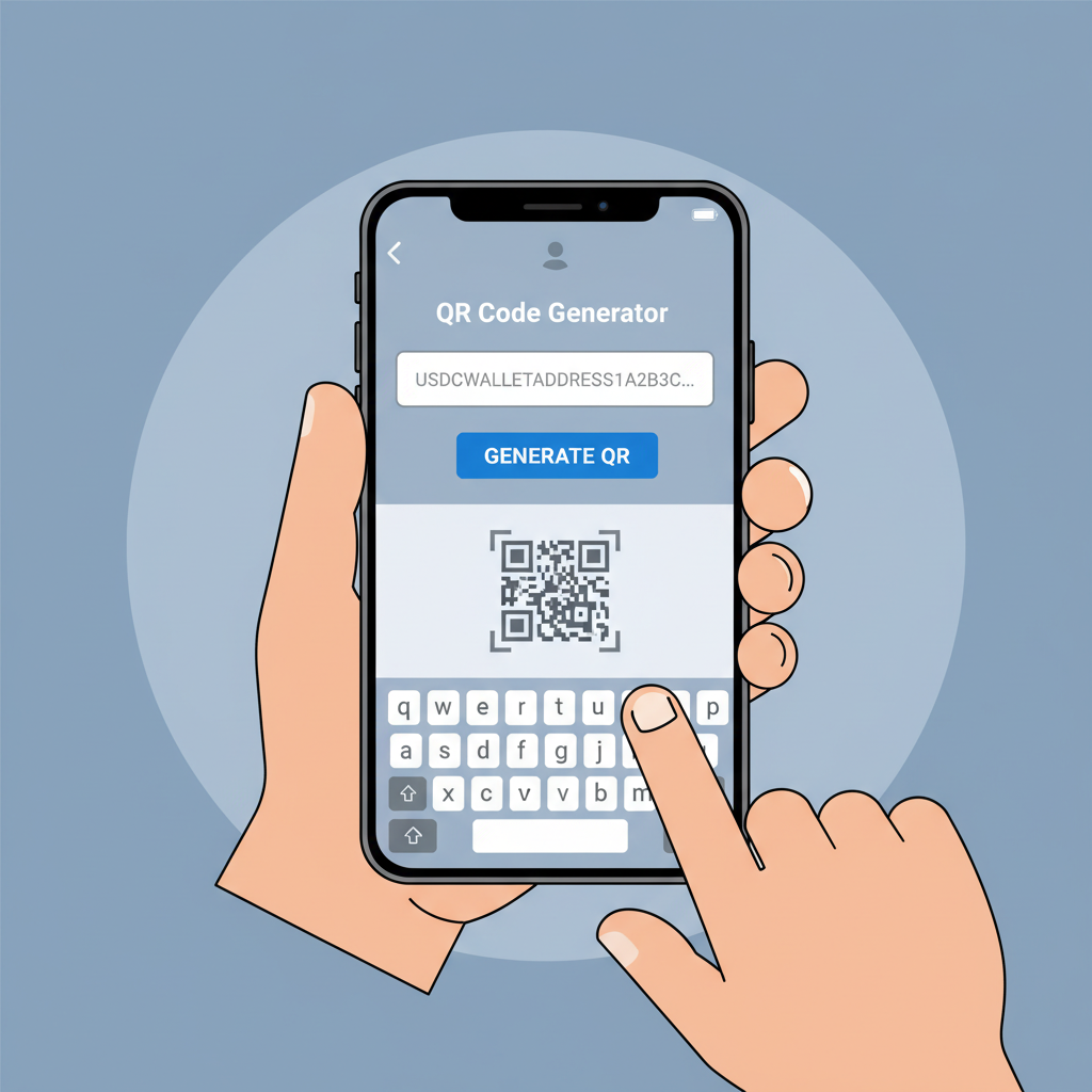 closeup hand typing USDC wallet address into QR generator app