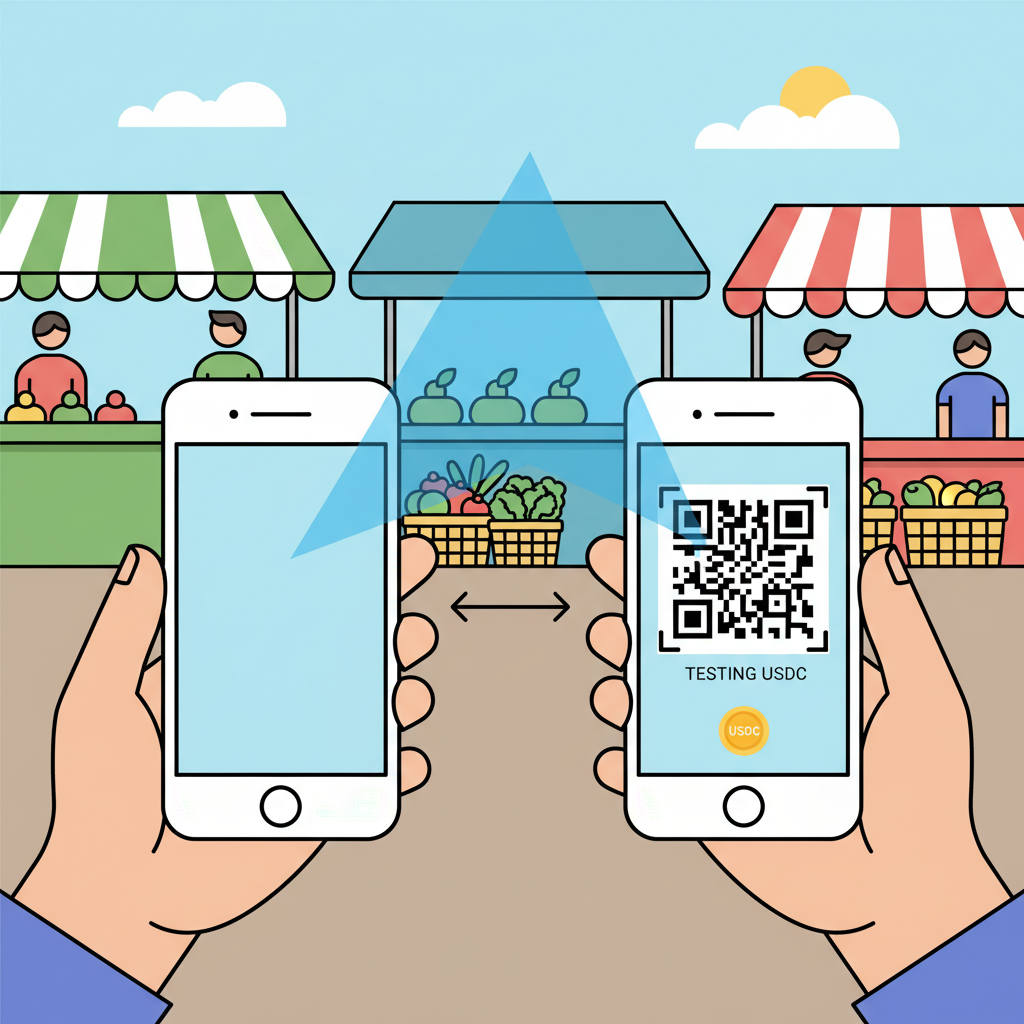 two phones scanning testing USDC QR code outdoors market