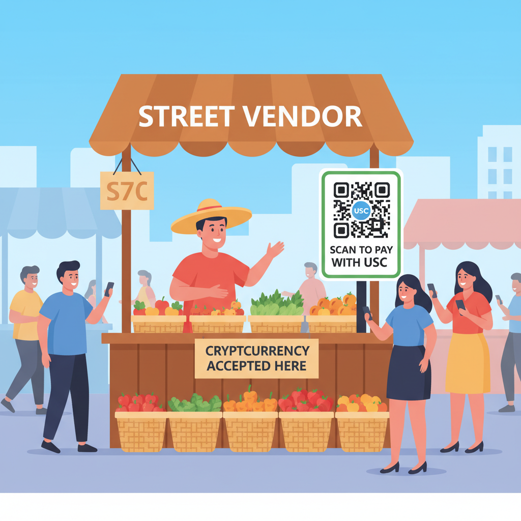 street vendor stall with large laminated USDC QR code at point of sale busy market