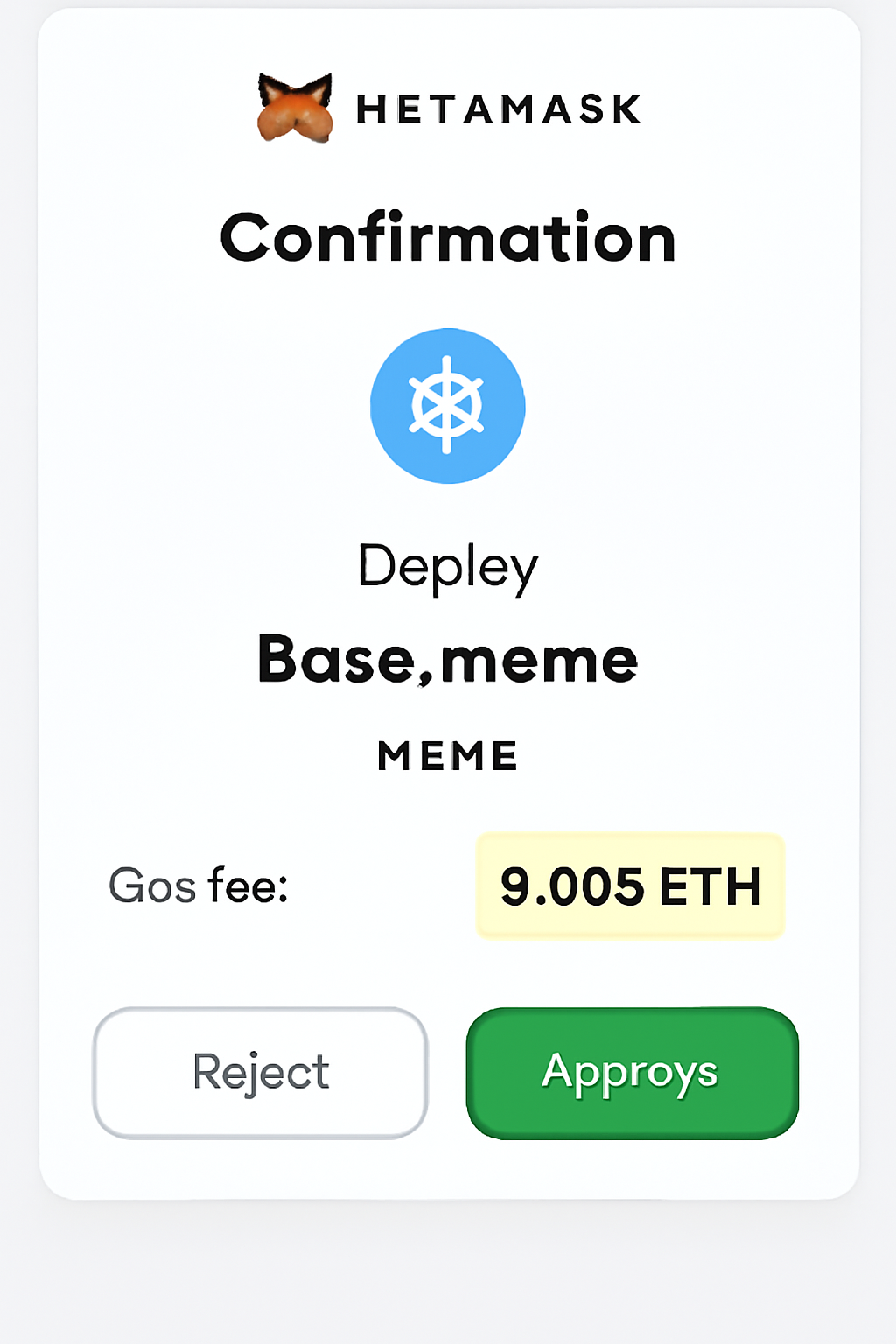 MetaMask confirmation popup for Base.meme memecoin deployment, 0.005 ETH fee highlighted, green approve button