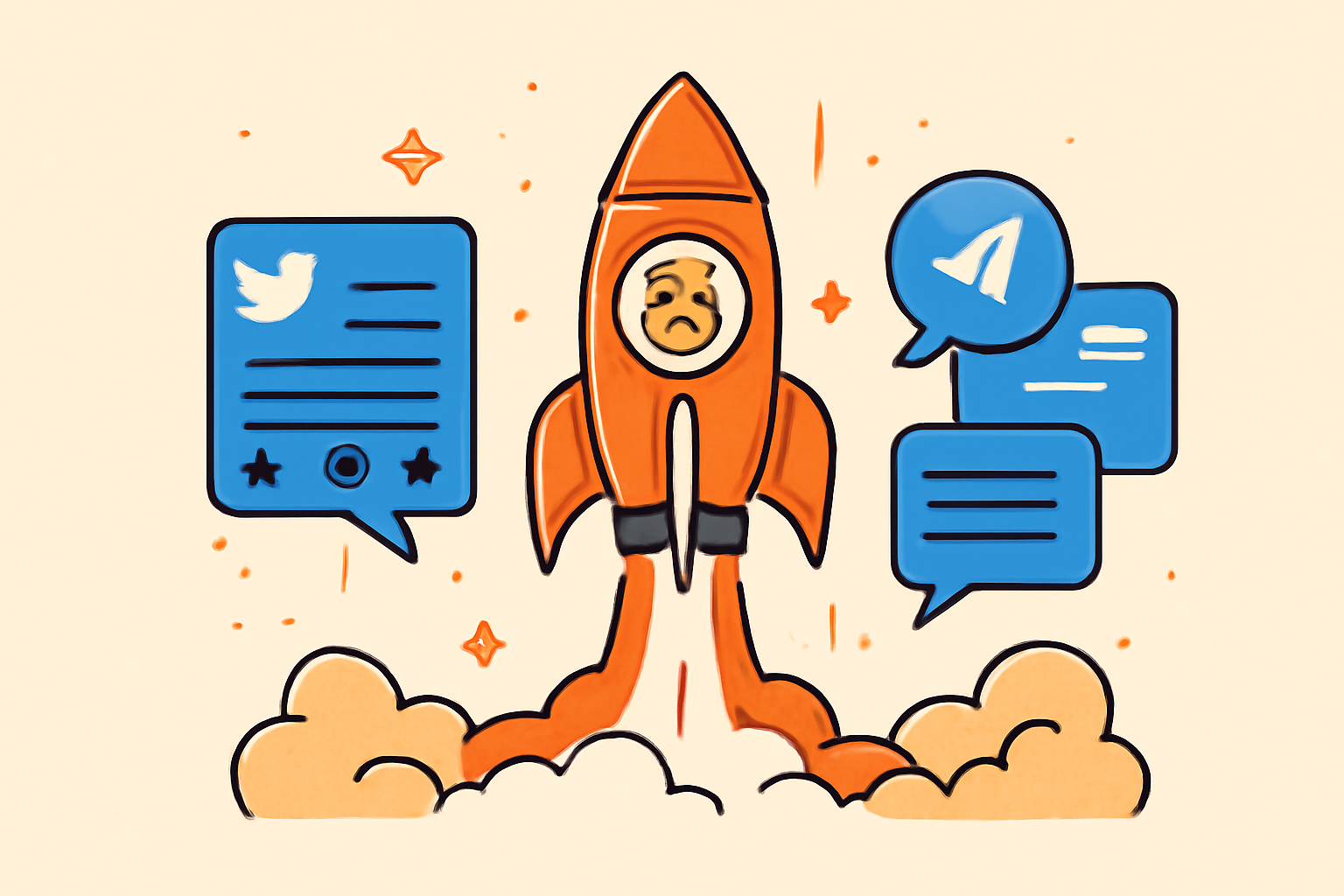 explosive social media memecoin promotion, rocket ship launching, Twitter posts and Telegram chats buzzing