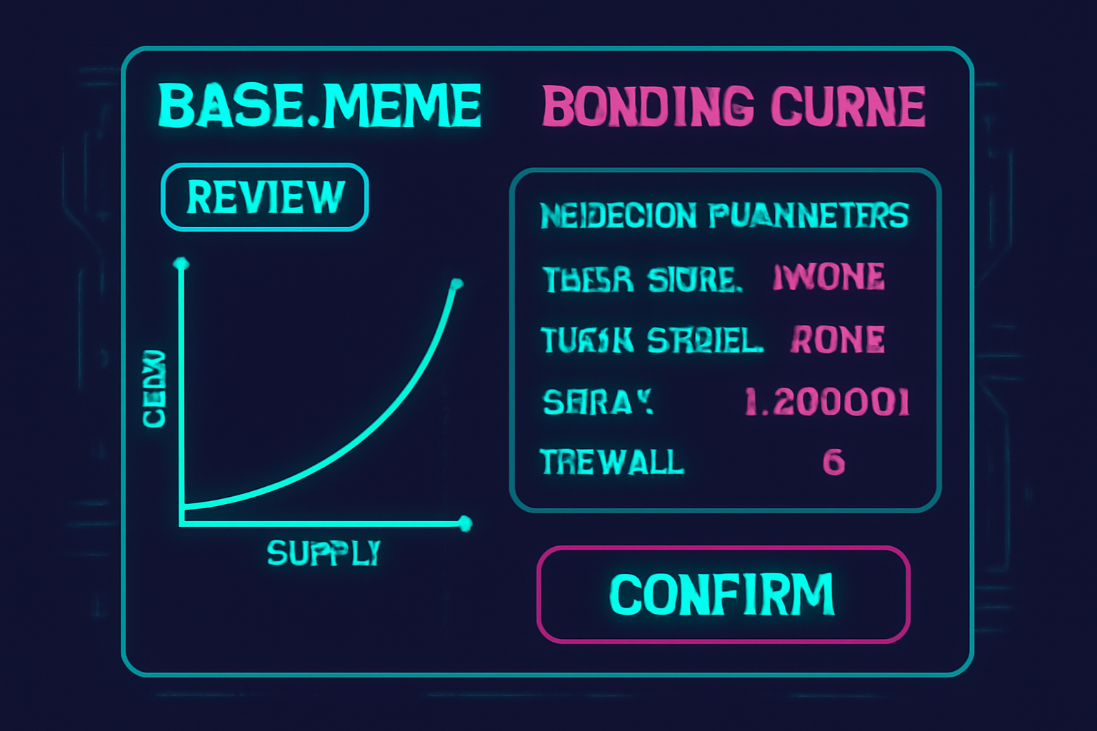 futuristic Base.meme bonding curve review screen, glowing charts, memecoin parameters UI, cyberpunk style