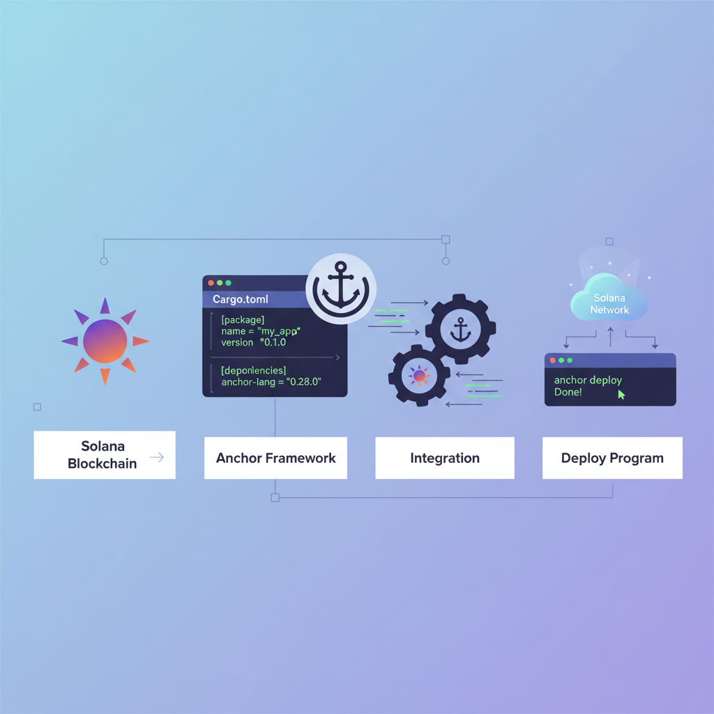 Anchor framework setup on Solana, code editor with Rust Cargo.toml, Solana logo, clean tech aesthetic