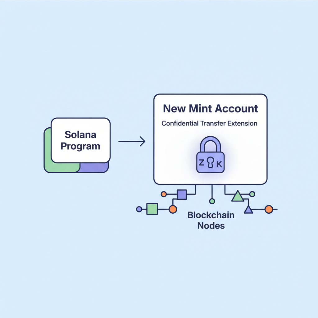 Solana mint account creation with confidential transfer extension, glowing ZK lock icon, blockchain nodes