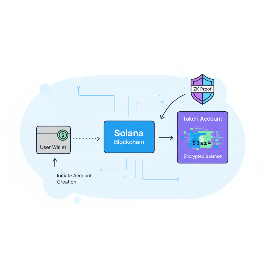 Token account creation on Solana, encrypted balance visualization, ZK proof shield