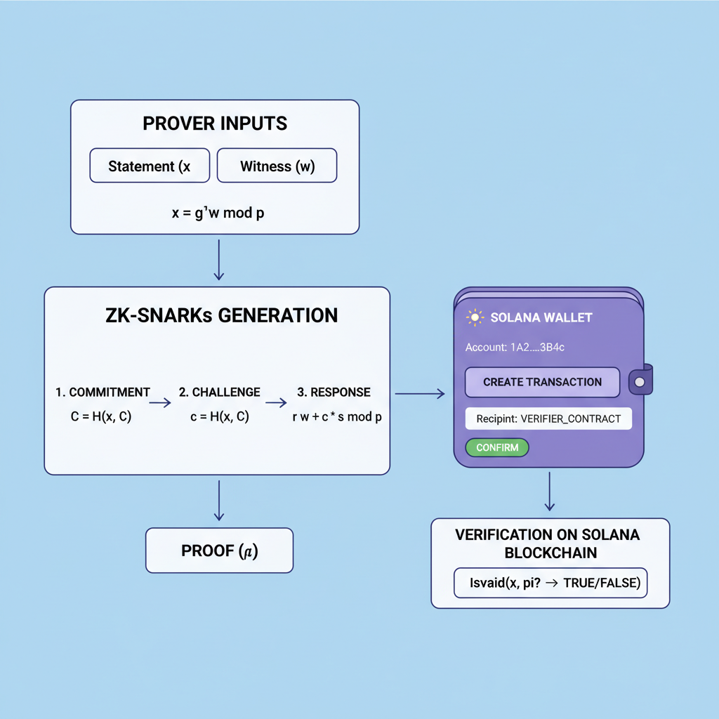Zero-knowledge proof generation flowchart, math equations, Solana wallet interface