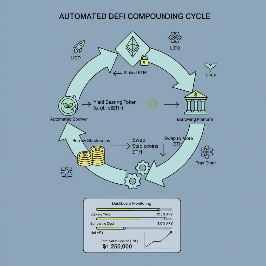 automated DeFi compounding cycle with LSD icons, looping arrows, dashboard monitoring screen
