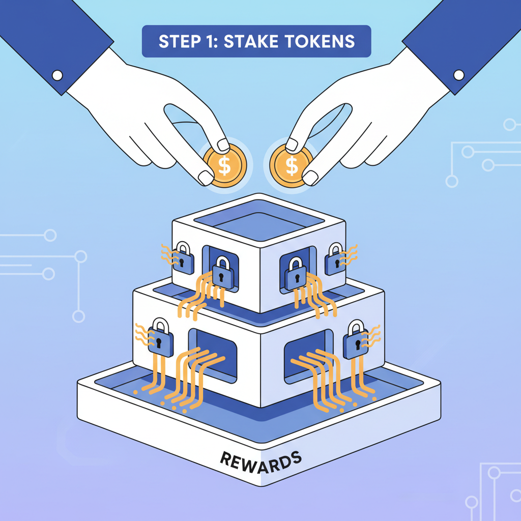 hands placing tokens into tiered staking vaults, glowing locks of varying lengths, reward streams flowing