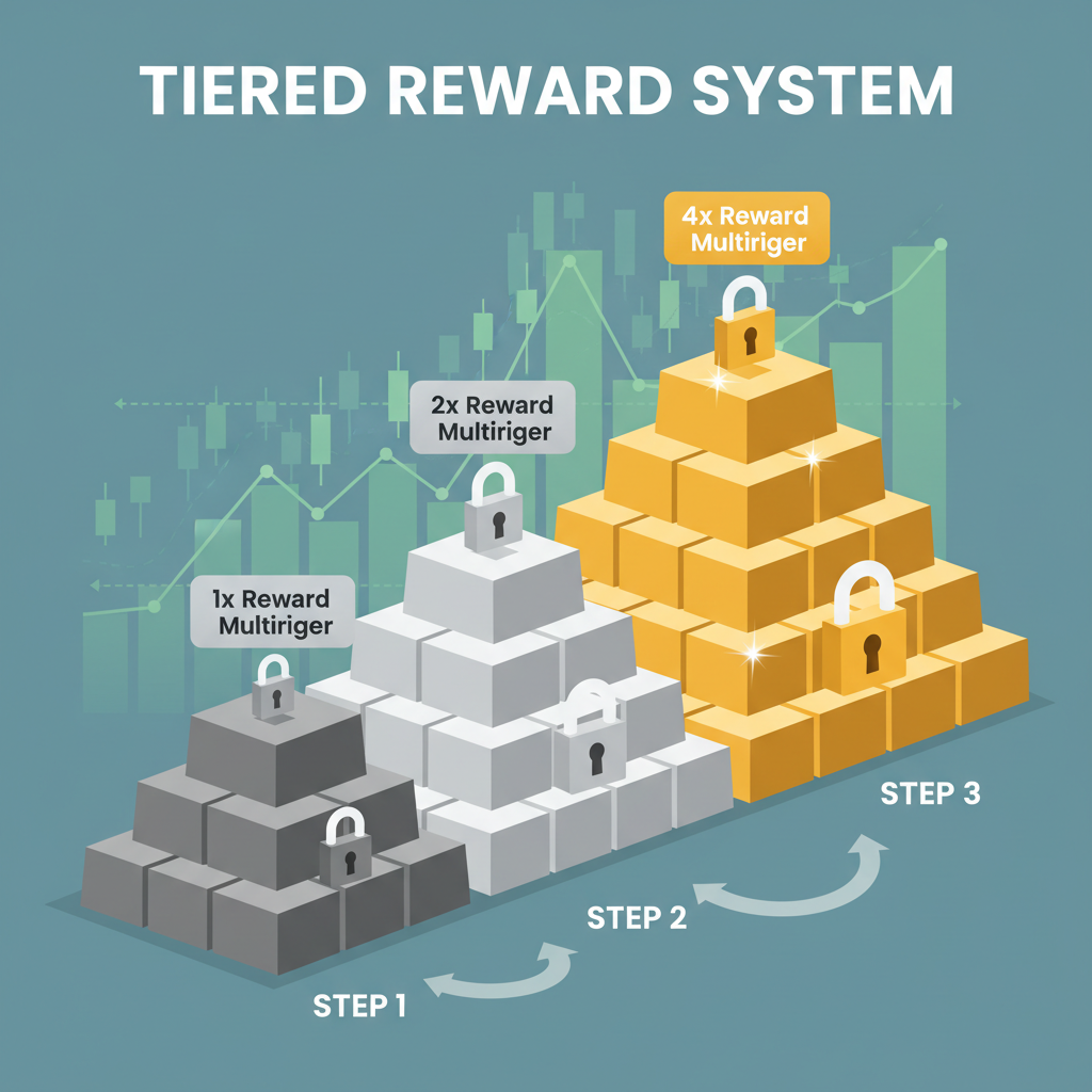 infographic of tiered lock-up pyramids with reward multipliers, gold tiers ascending, crypto charts background