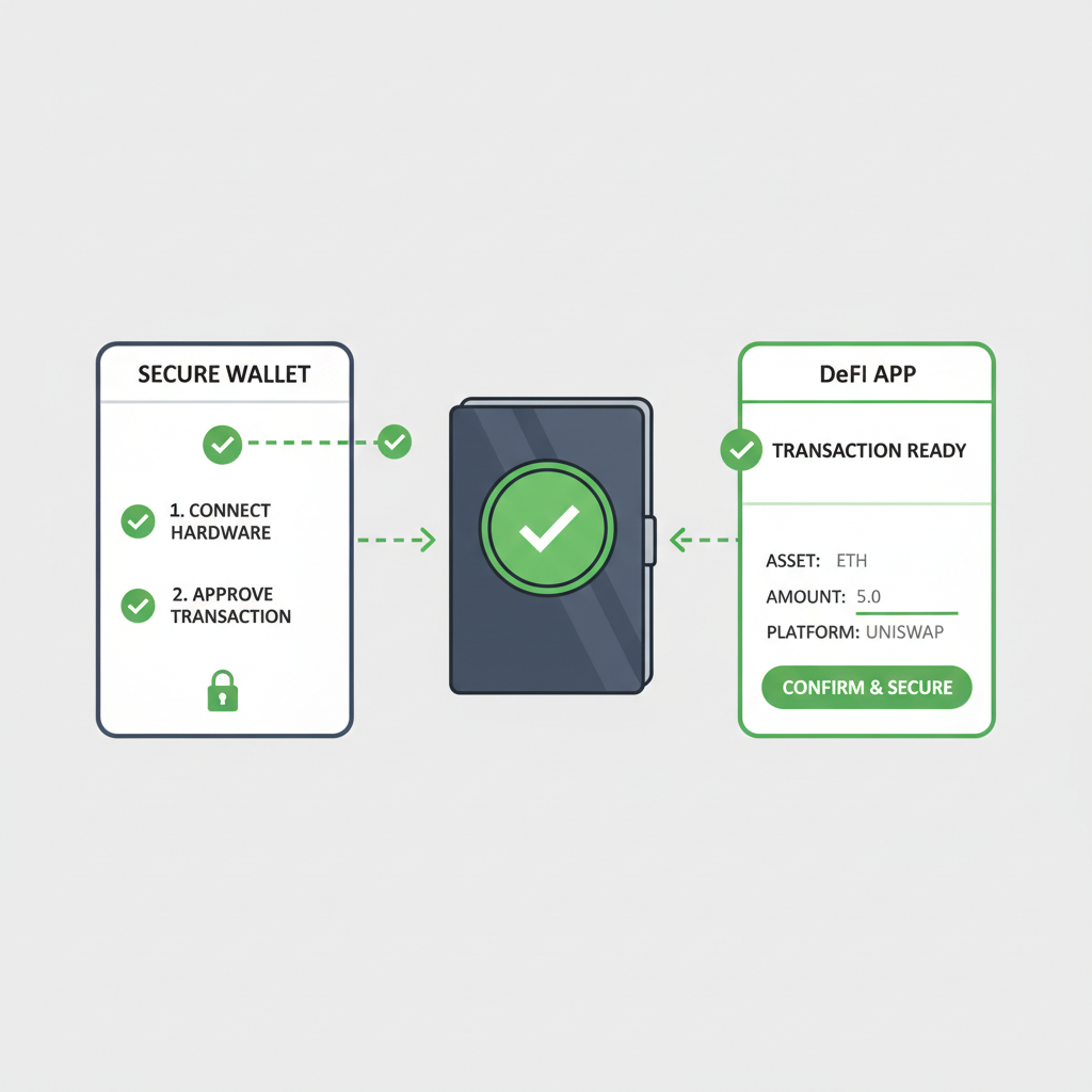 secure crypto wallet interface connected to DeFi app, hardware device prominent, green checkmarks for safety