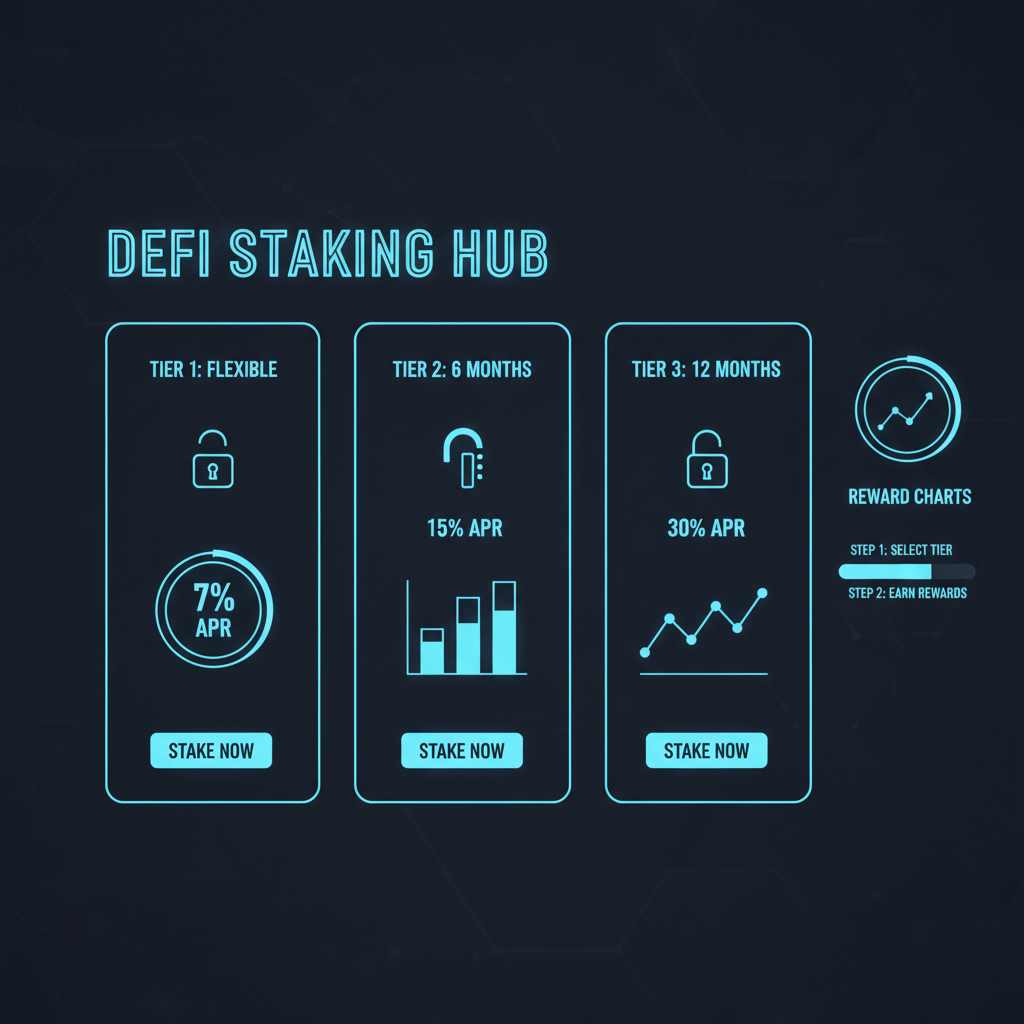 sleek DeFi dashboard displaying tiered staking lock-up options with reward charts, futuristic interface, blue neon accents