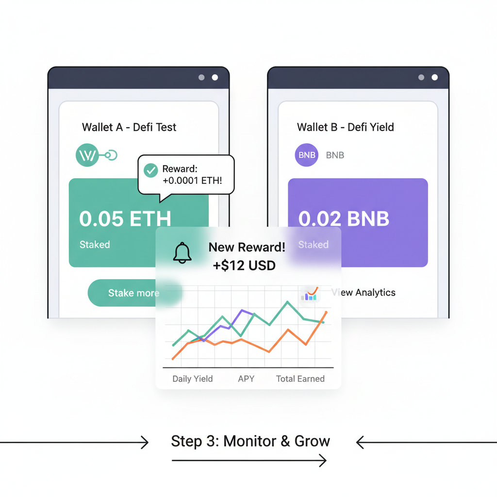 split-screen wallets testing small DeFi stakes, reward notifications popping up, analytical graphs