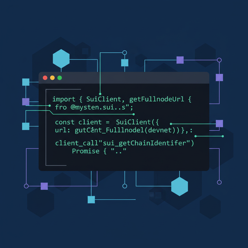 Sui TypeScript SDK initialization code on dark terminal background, glowing blockchain nodes connecting