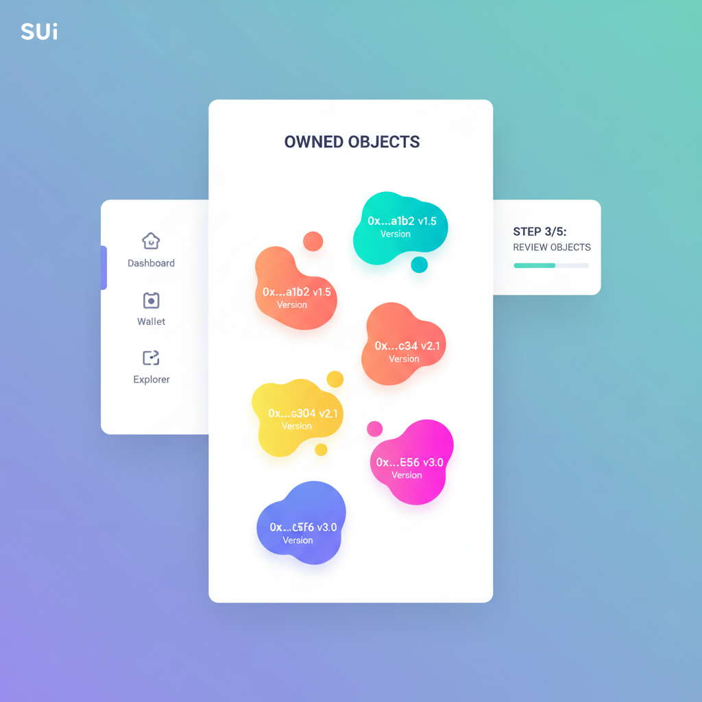 Sui owned objects list in developer dashboard, colorful object IDs and versions floating