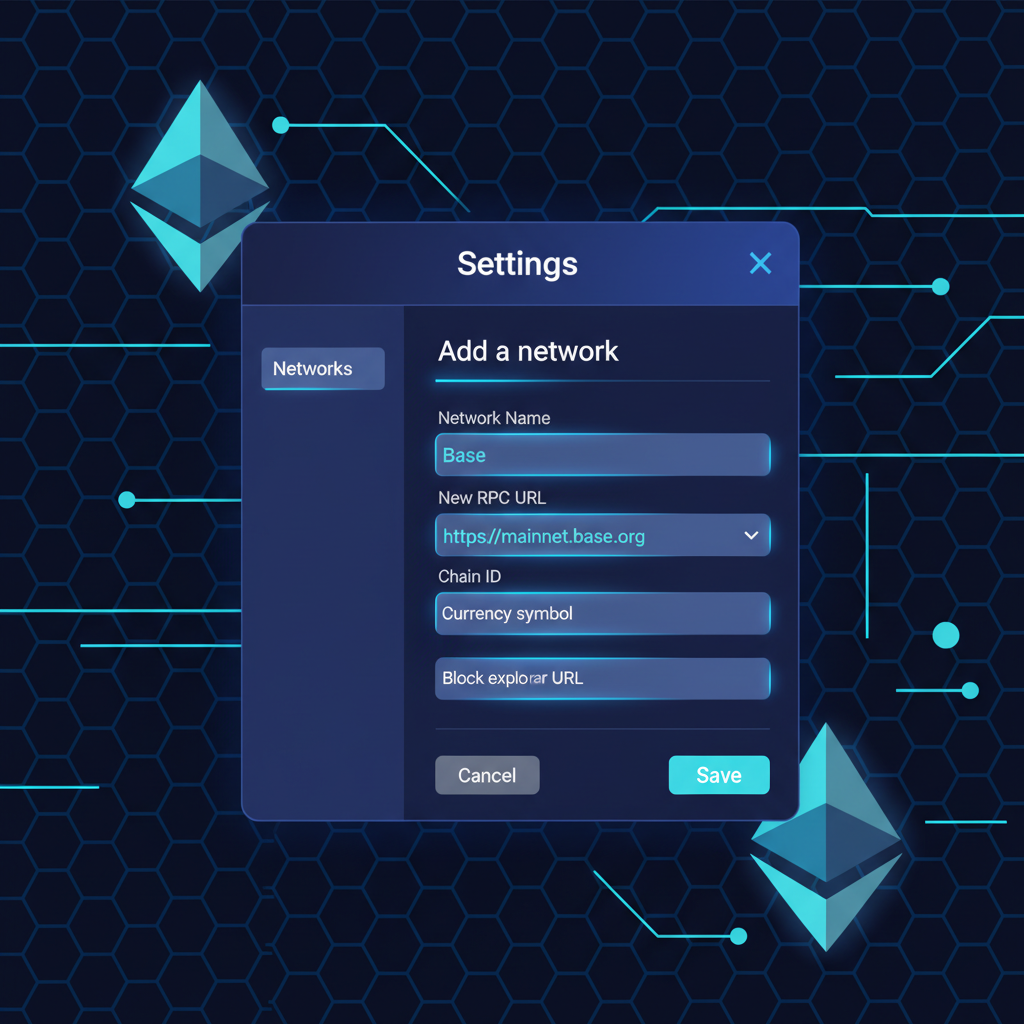 screenshot-style illustration of adding custom network in MetaMask, Base details highlighted, clean UI crypto wallet
