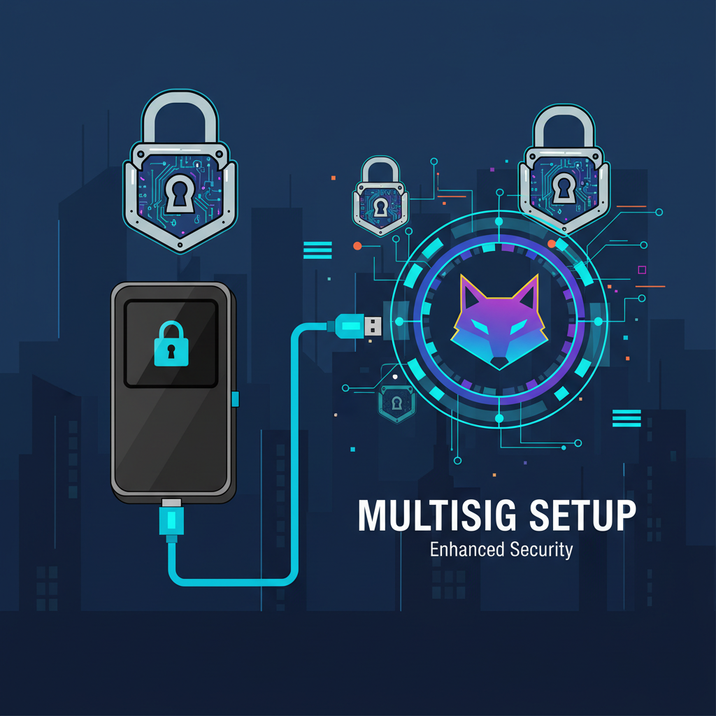 hardware wallet Ledger connected to MetaMask, multisig setup, security shields and locks, cyberpunk protection theme