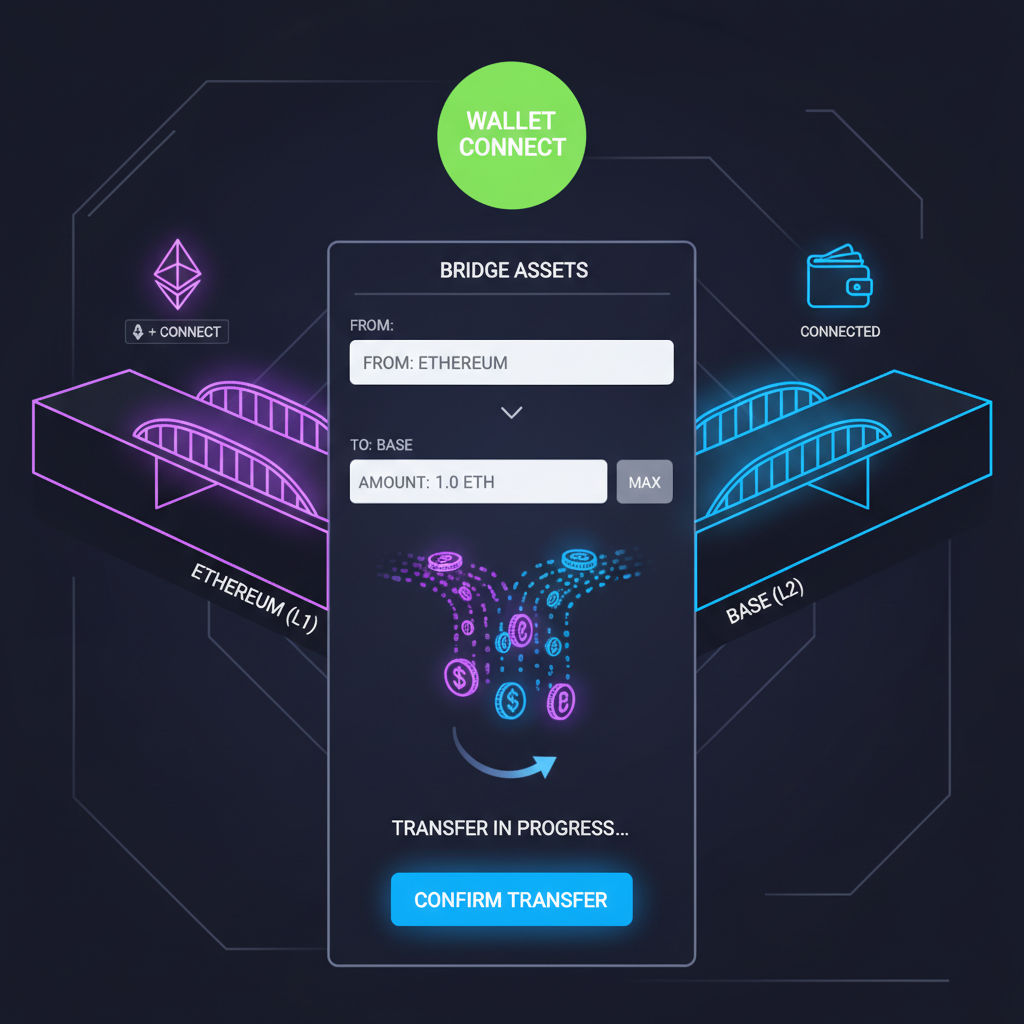Base bridge interface, wallet connect, ETH transfer animation from Ethereum to Base L2, neon bridges graphic