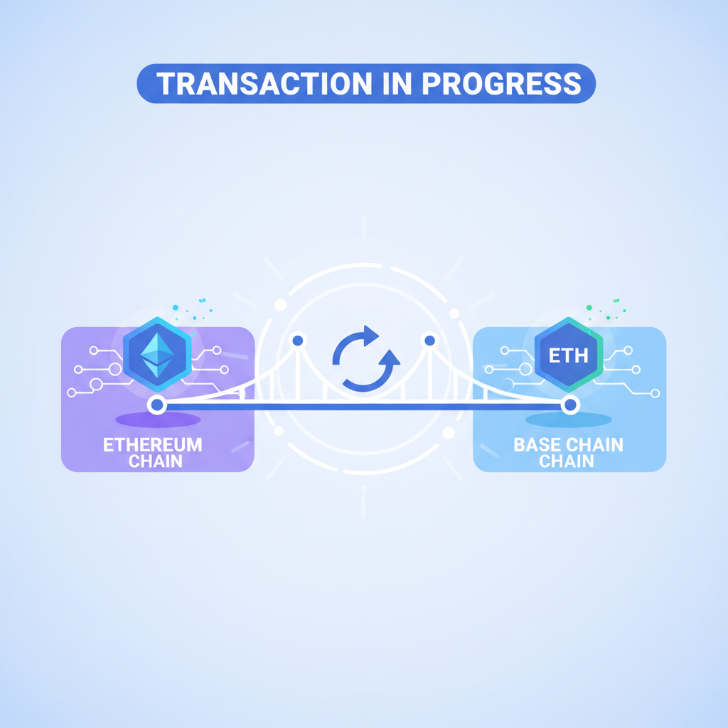 animated style bridge transaction in progress, ETH tokens moving from Ethereum to Base chain, glowing effects