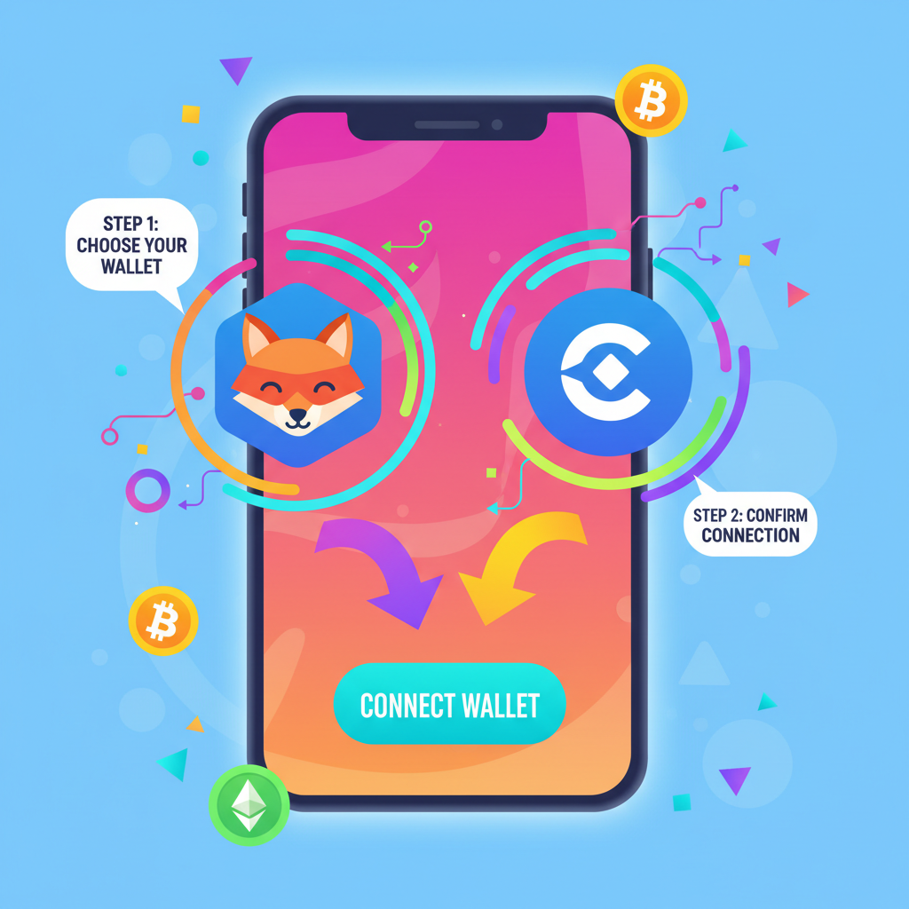 vibrant illustration of MetaMask and Coinbase Wallet apps on phone screen, crypto onboarding, energetic colors