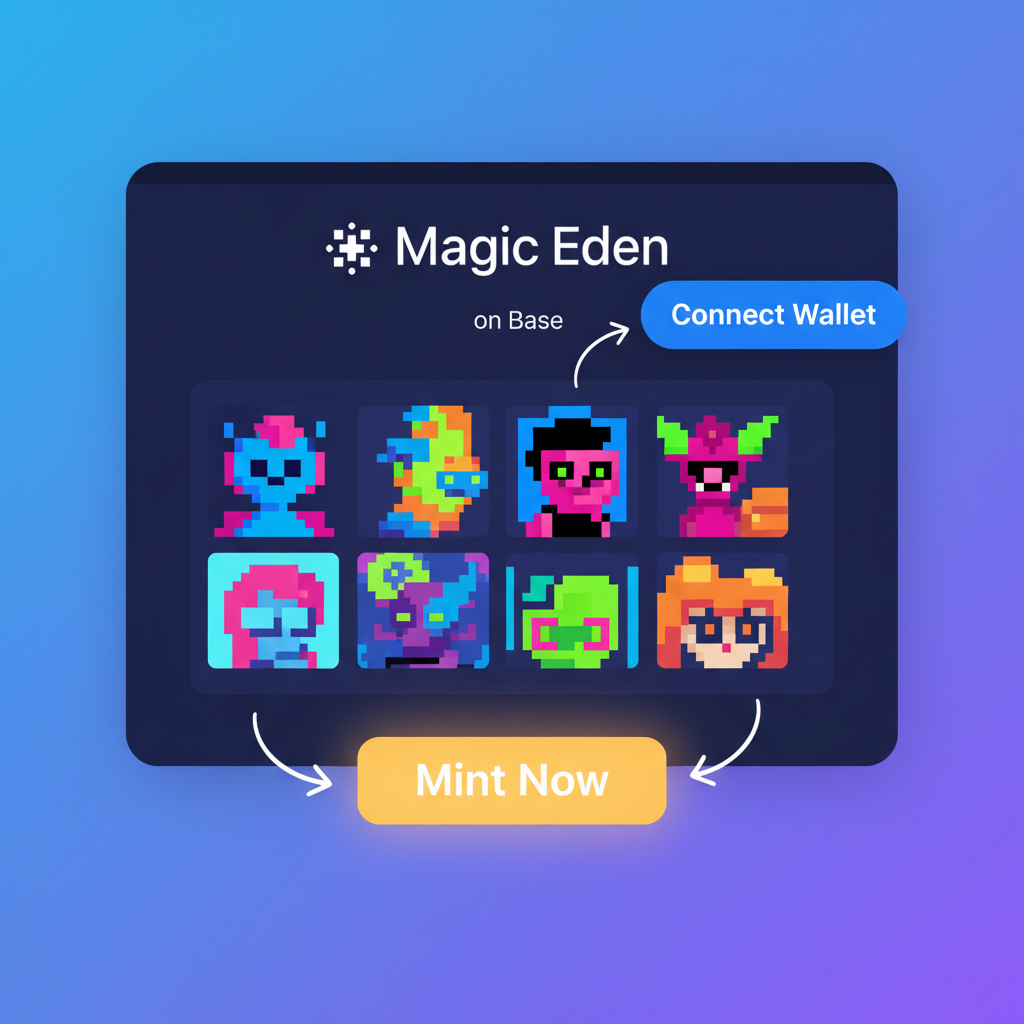 Magic Eden NFT marketplace on Base, wallet connect button, vibrant NFT grid, mint button glowing