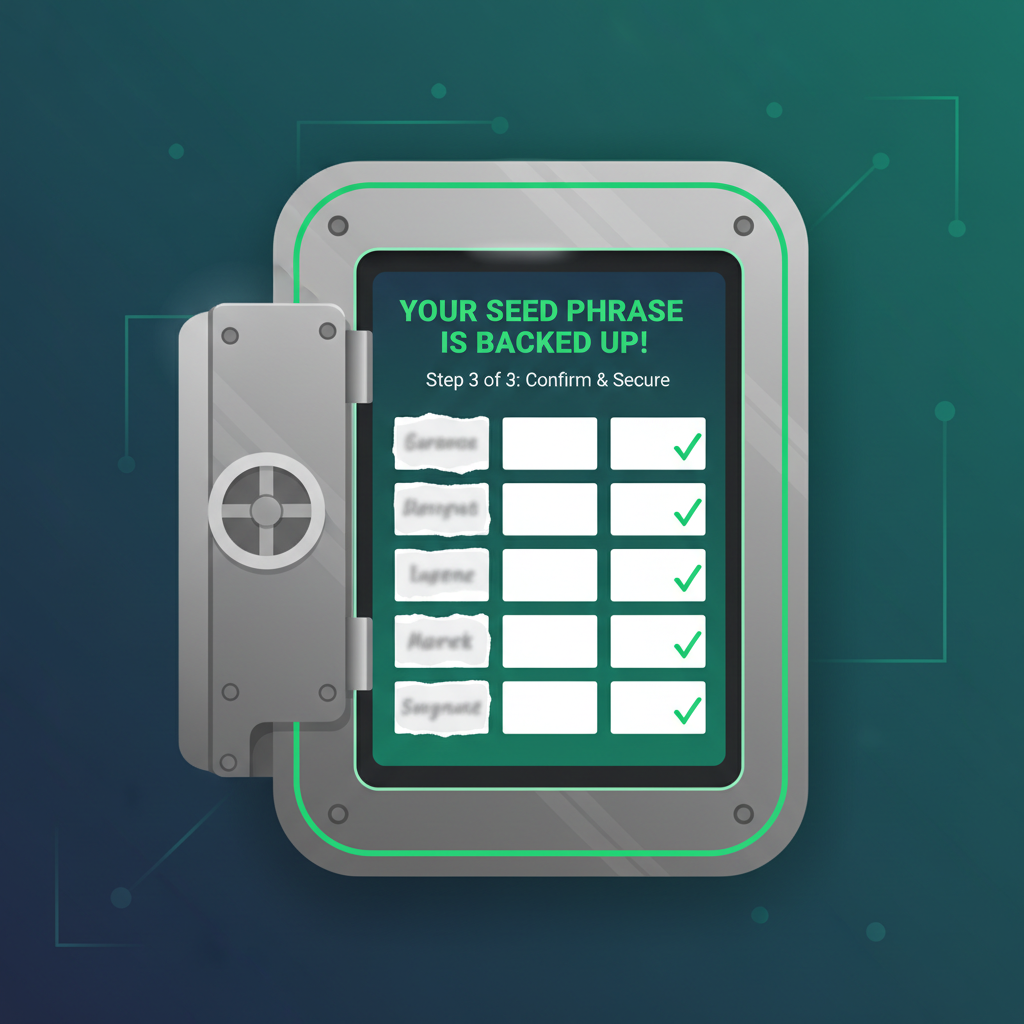 crypto wallet seed phrase backup screen, handwritten note with words obscured, secure vault aesthetic, green checkmarks